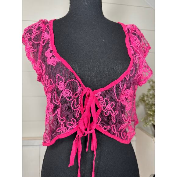 Elsie Fred Fuchsia Pink Sheer Lace Cropped Cardigan, Size XL NWT! - BEAUTIFUL! - Picture 1 of 3